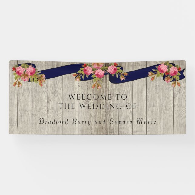 Grey Barn Wood Navy Blue Pink Rose Rustic Wedding  Banner (Horizontal)