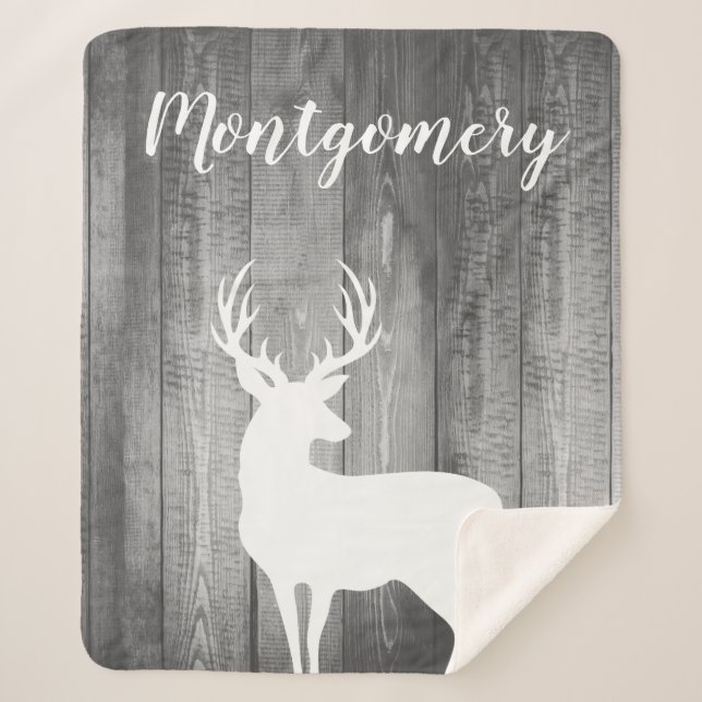 Grey Barn Wood Planks & Deer Family Name in Script Sherpa Blanket (Front)