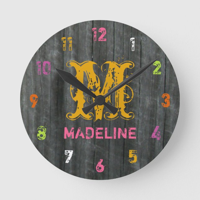 Grey Barnwood Inspired Colourful Personalized Cloc Round Clock (Front)