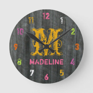 Grey Barnwood Inspired Colourful Personalized Cloc Round Clock