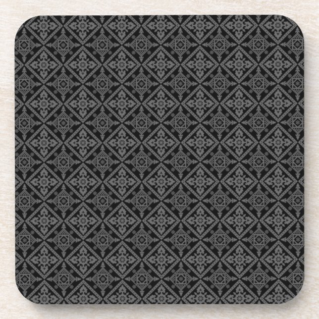 Grey Baroque Pattern on Black Coaster (Front)