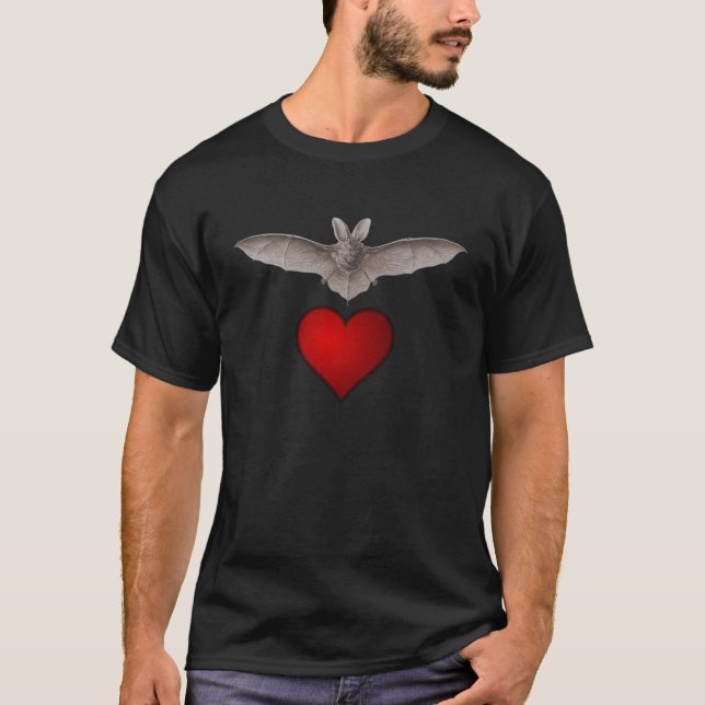 Grey Bat with Red Heart on Black "Bat love" T-Shirt (Front)