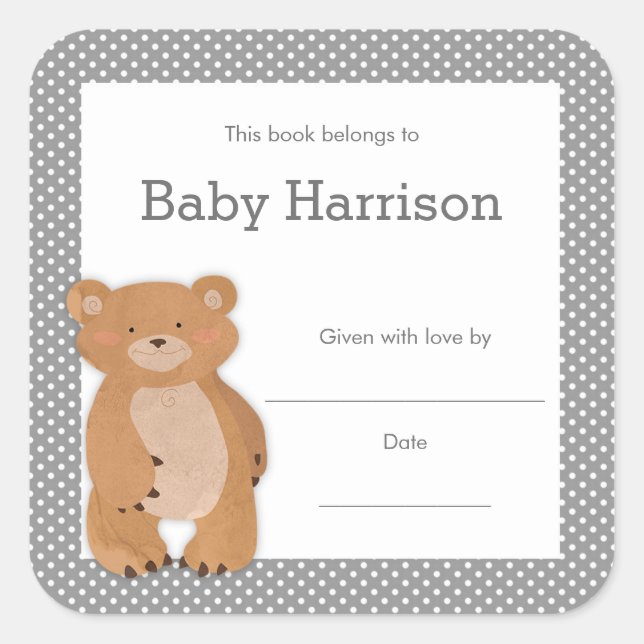 Grey Bear Baby Shower Bookplate, neutral book Square Sticker (Front)