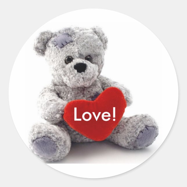 Grey Bear With Heart Classic Round Sticker (Front)