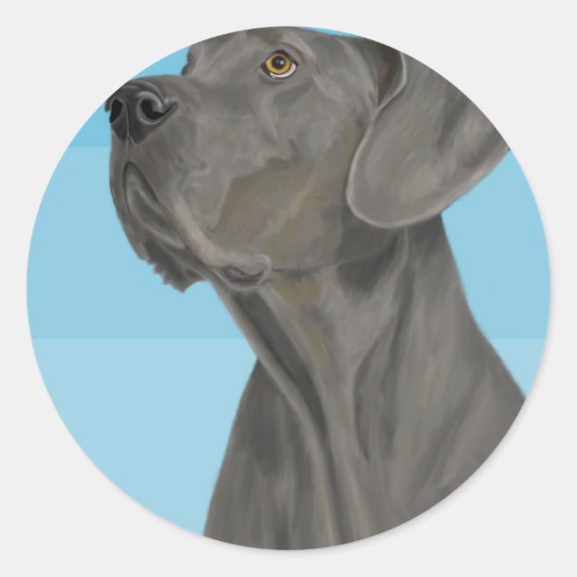 Grey Beautiful Great Dane on Blue Classic Round Sticker (Front)