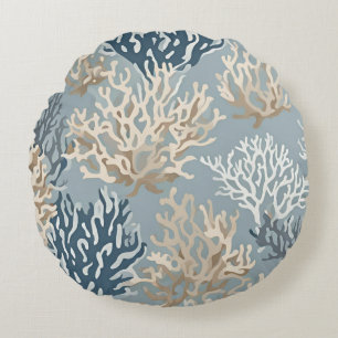 Grey Beige Blue Nautical Beachy Coral Reef Round Pillow
