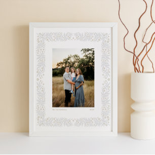 Grey Beige Folk Art Floral Frame with Custom Text Poster