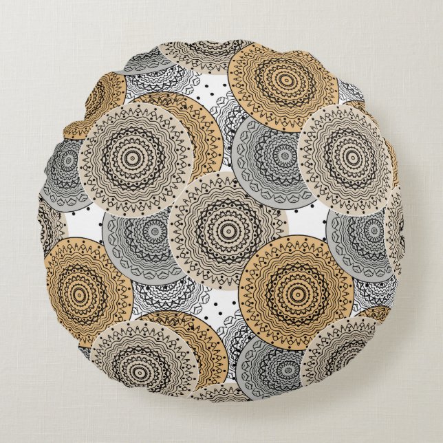 Grey beige pattern arabic mandala oriental style round pillow (Front)