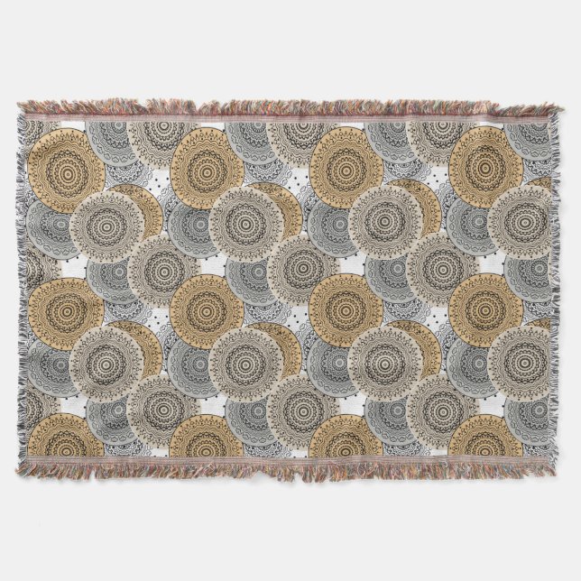 Grey beige pattern arabic mandala oriental style throw blanket (Front)