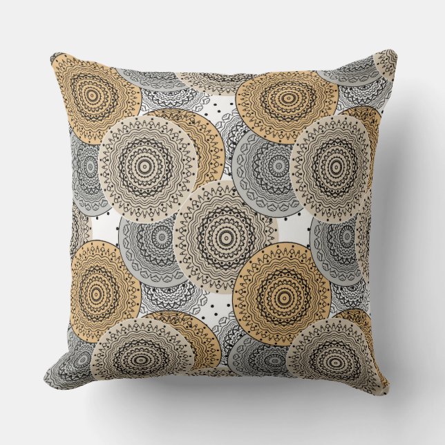 Grey beige pattern arabic mandala oriental style throw pillow (Front)