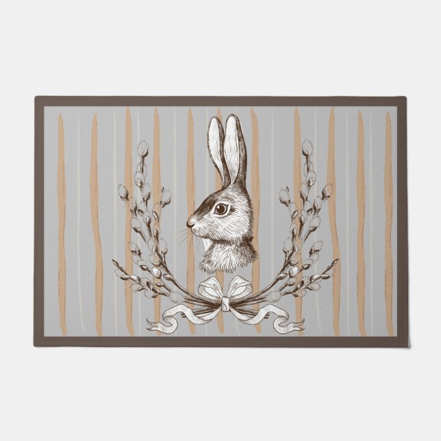 Grey Beige Rabbit  Watercolor French Country   Doormat (Front)