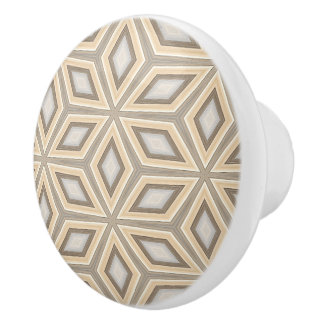 Grey Beige Taupe Brown Geometric Retro Stars Motif Ceramic Knob