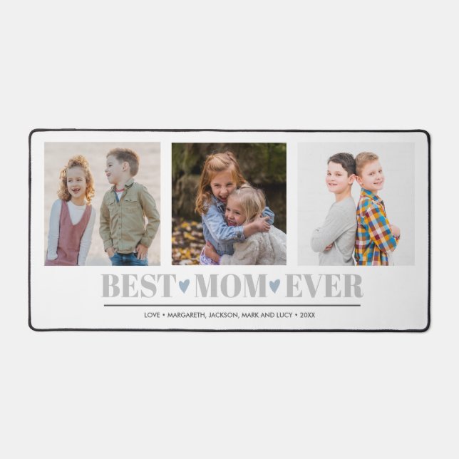 Grey BEST MOM EVER collage 3 Photo BLUE Hearts Desk Mat (Front)