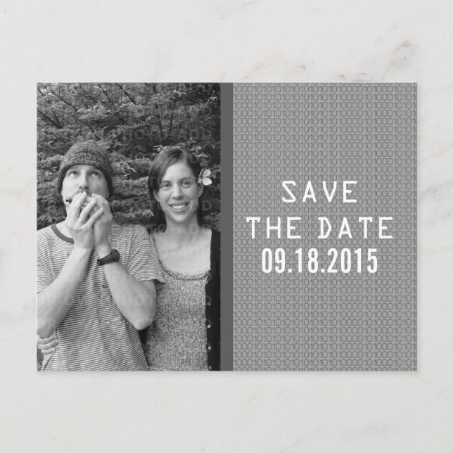 Grey Binary Code Photo Save the Date Postcard (Front)