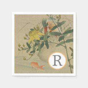 Grey Bird Goldfish Oriental Chinoiserie Nature Art Napkin