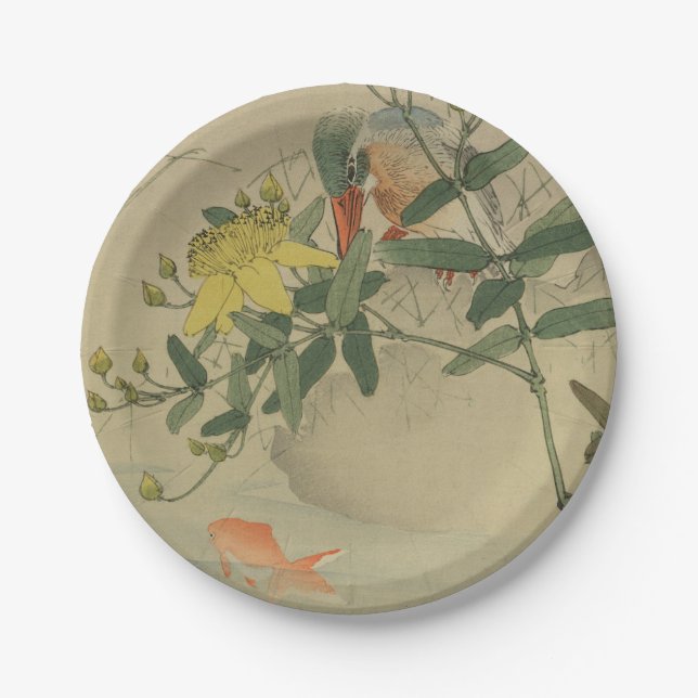 Grey Bird Goldfish Oriental Chinoiserie Nature Art Paper Plate (Front)