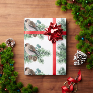 Grey Bird On Pine Cone Branch Wrapping Paper