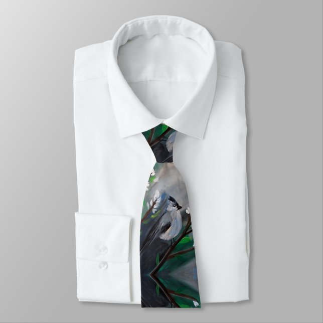 Grey Bird Painting Tie (Tied)