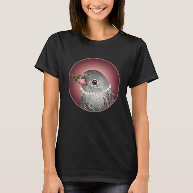 Grey bird with pearl necklace and branch in beak T-Shirt (Front)