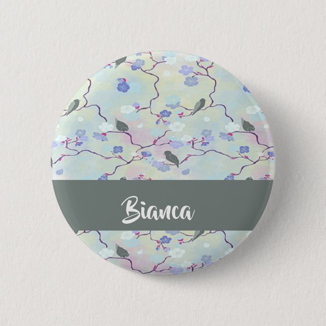 Grey birds with flowers 2 inch round button (Front)