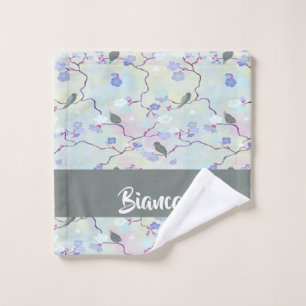Grey birds with flowers wash cloth