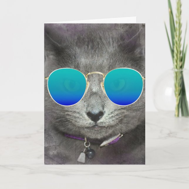 Grey Birthday Cat with Sunglasses  Card (Front)