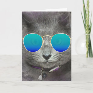 Grey Birthday Cat with Sunglasses Card