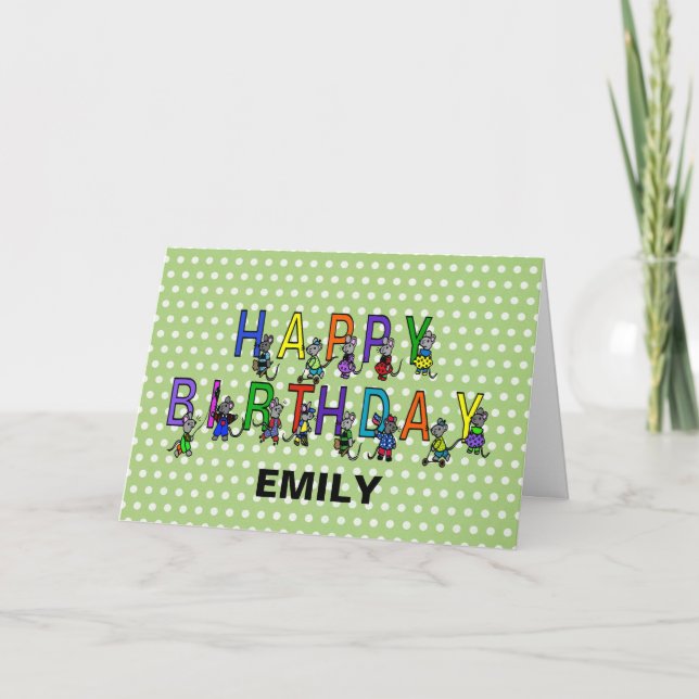 Grey Birthday Mice on Polka Dots   Card (Front)