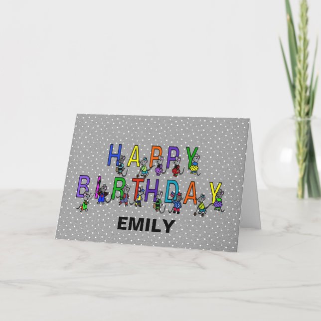 Grey Birthday Mice on Polka Dots  Card (Front)