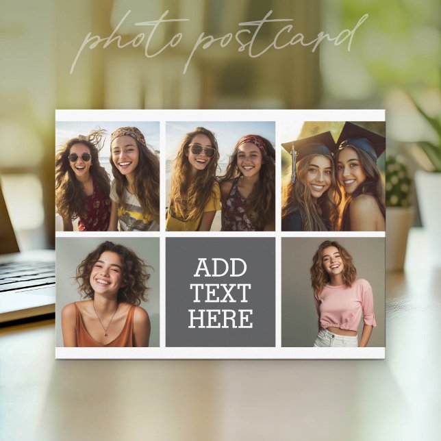 Grey Black 5 Photo Collage with Text Postcard (Photo Postcard that You Can Customize with your favorite photos)
