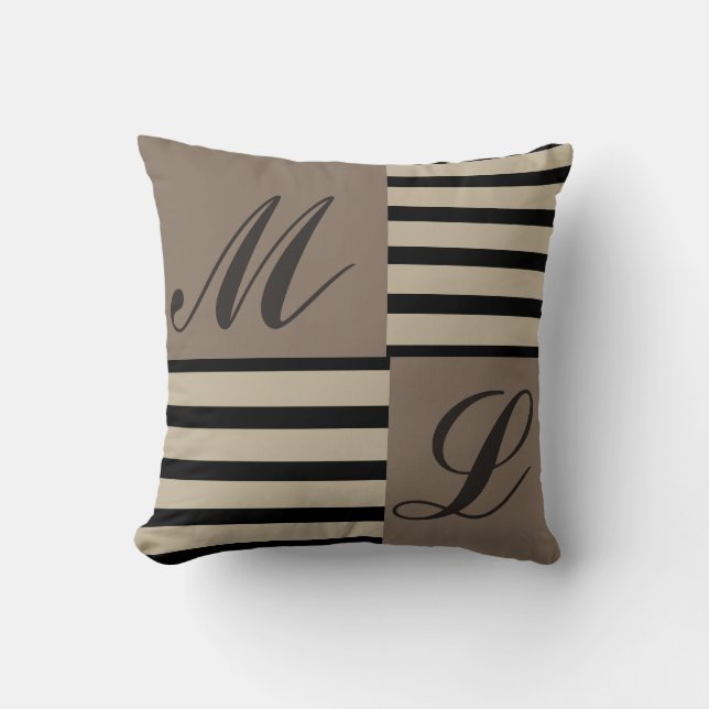 Grey Black and Beige stripes Monogram Throw Pillow (Front)
