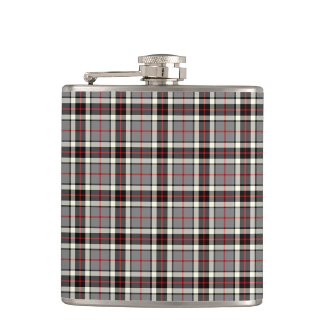 Grey, Black and Red Thompson Clan Formal Tartan Hip Flask (Front)