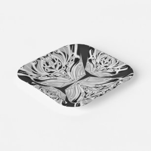 Grey Black And White Butterfly Winged Abstract Paper Plate