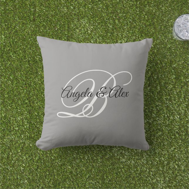 Grey Black and White Fancy Wedding Monogram Outdoor Pillow (Grass)