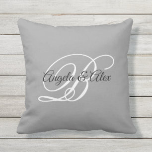 Grey Black and White Fancy Wedding Monogram Outdoor Pillow