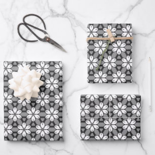 Grey, Black and White Floral  Wrapping Paper Sheet