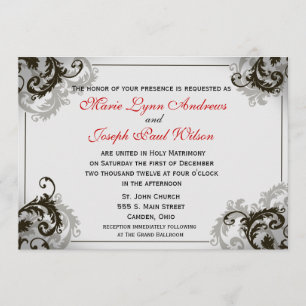 Grey, Black, and White Flourish Wedding Invitation