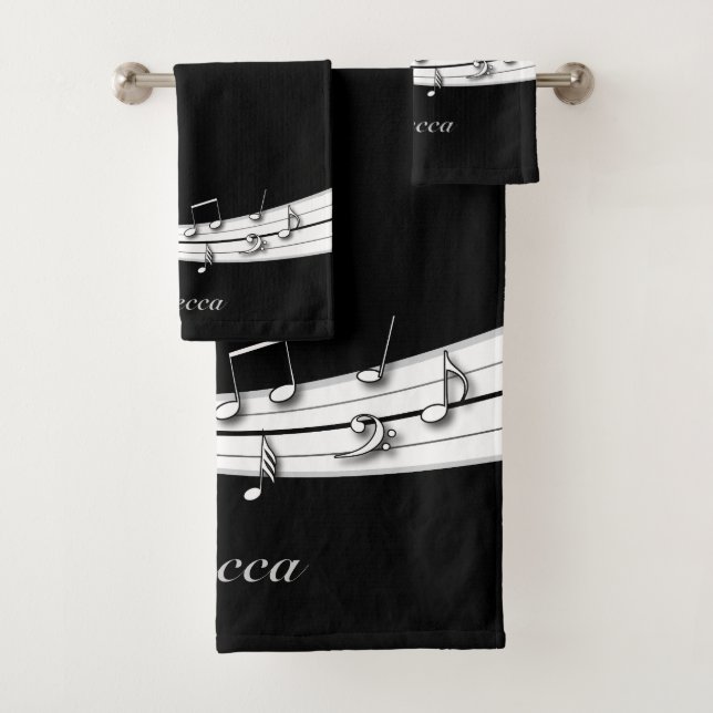 Grey black and white musical notes score bath towel set (Insitu)
