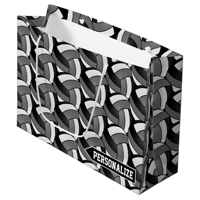 Grey, Black and White Volleyball - Personalize Large Gift Bag (Front Angled)