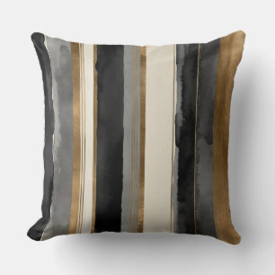 Grey black beige and gold stripes throw pillow
