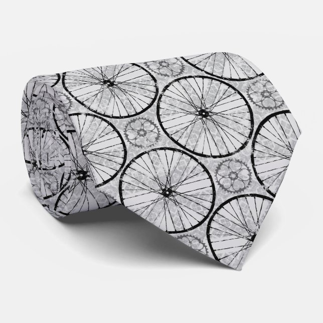 Grey Black - Bike Wheels Pattern Tie (Rolled)