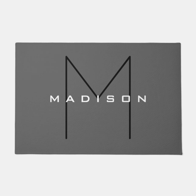 Grey Black Bold Monogram Modern Family Name Doormat (Front)