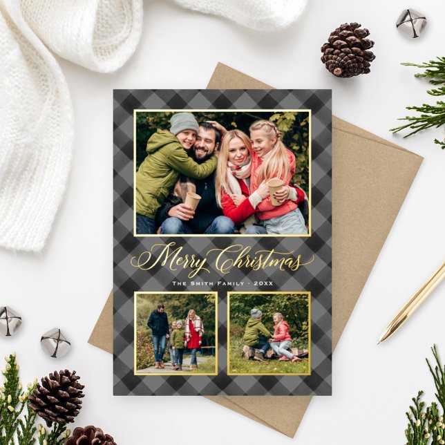 Grey Black Buffalo Plaid Christmas Photo Collage Foil Holiday Card (Creator Uploaded)