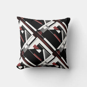 Grey Black Burgundy White Slanted Geometric Tiles Throw Pillow