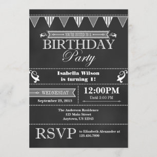 Grey Black Chalkboard Birthday Invitation