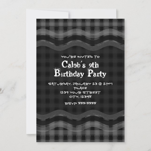 Grey Black Chequered Chequered Plaid Party Invitation (Front)
