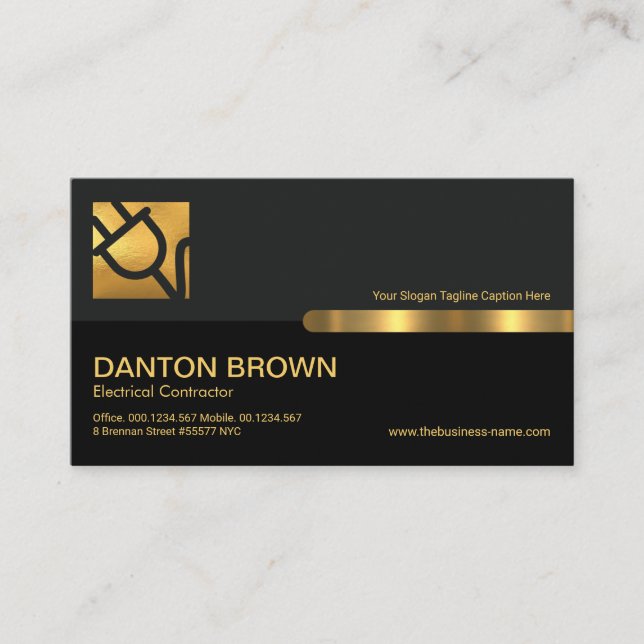 Grey Black Column Gold Power Plug Electrician Business Card (Front)