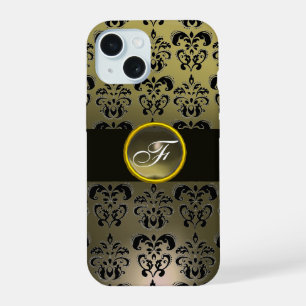 GREY BLACK DAMASK GEM STONE MONOGRAM iPhone 15 CASE