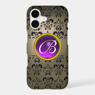 GREY BLACK DAMASK PURPLE GEM MONOGRAM