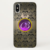 GREY BLACK DAMASK PURPLE GEM MONOGRAM
